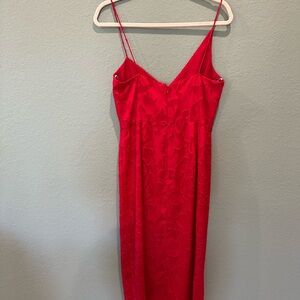 ML Monique Lhuillier Lace Cocktail Dress Sz 8 Red Midi Asymmetrical neckline
